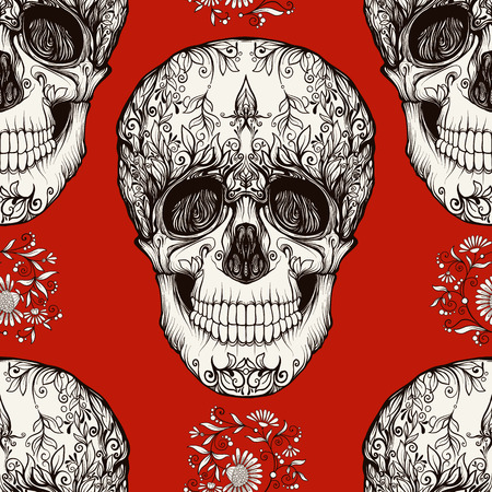 Seamless pattern, background with sugar  skull and floral patterのイラスト素材