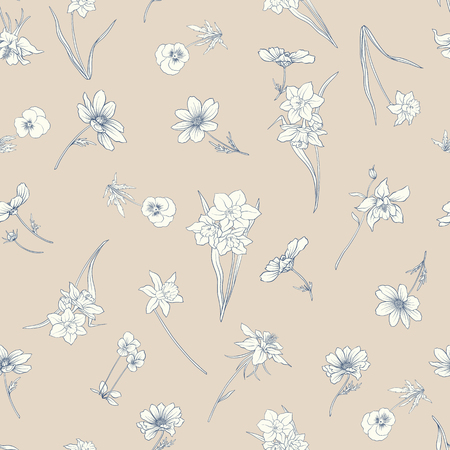 Colored floral seamless pattern with flowers in vintage style. Stock line vector illustration.のイラスト素材