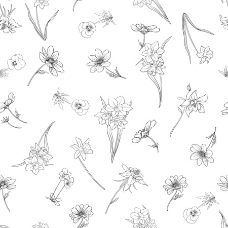 Outline floral seamless pattern with flowers in vintage style. Stock line vector illustration.のイラスト素材