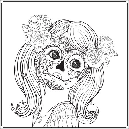 Portrait of a young beautiful girl in Halloween or Day of the Dead make up. Outline hand drawing coloring page for the adult coloring book. Stock line vector illustration.のイラスト素材