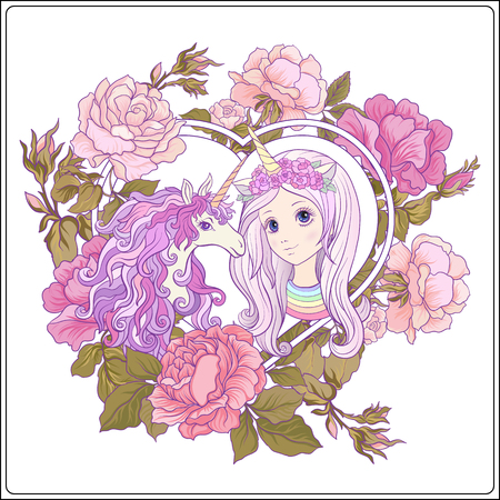 Girl and unicorn with multi-colored curly mane in roses garden.のイラスト素材