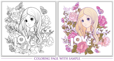 Young nice girl with long hear in the garden of roses with colored sample. Outline drawing coloring page Coloring book for adult. Stock vector.のイラスト素材