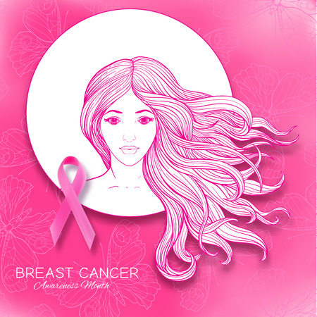 Breast cancer awareness month poster with pink ribbon and women portrait. Vector illustration.のイラスト素材