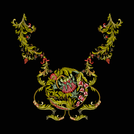 Embroidered design elements with flowers and leaves.のイラスト素材