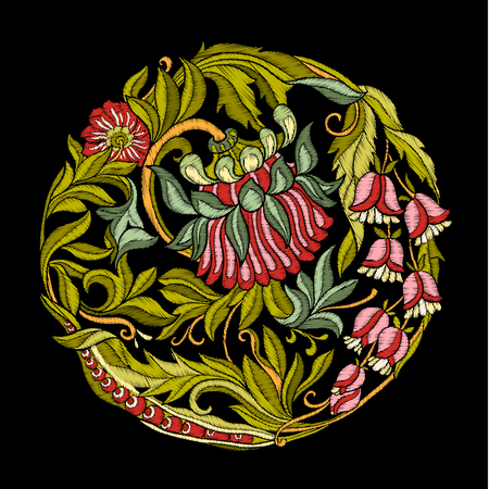 Embroidery. Embroidered design elements with flowers and leaves in vintage style on a black background. Stock vector illustration.のイラスト素材