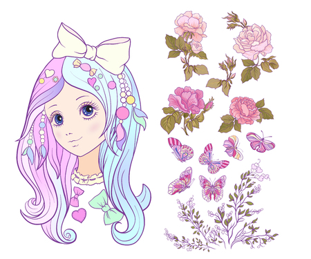 Girl with big bow, colored hair and set of roses, butterfly and branch.のイラスト素材