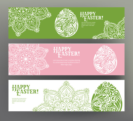 Set of postcard or banner for Happy Easter Day with eggs and decのイラスト素材