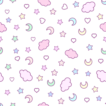 Seamless pattern with clouds, moon, stars, and in the doodle kawのイラスト素材