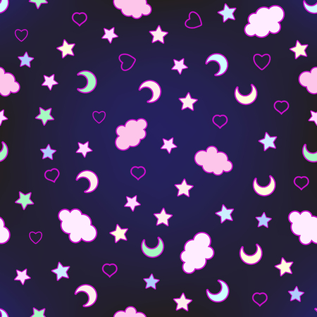 Seamless pattern with clouds, moon, stars, and in the doodle kawのイラスト素材