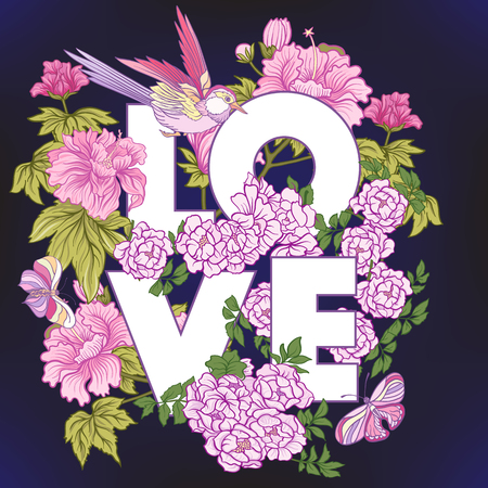 Poster or postcard with bird and butterfly and pink Japanese peoのイラスト素材