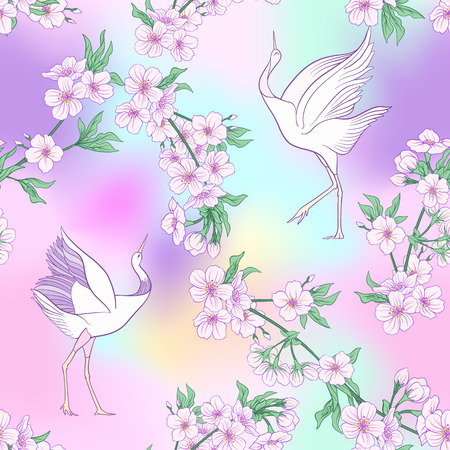Pattern with Japanese blossom sakura and crane. stock illustration.のイラスト素材