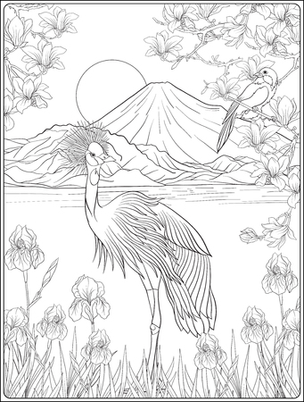 Japanese Landscape with Mount Fuji and tradition flowers and a bのイラスト素材