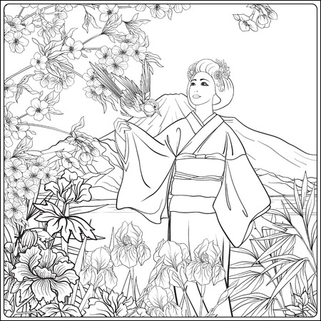 Japanese Landscape with Mount Fuji, sea, and Japanese woman kimoのイラスト素材