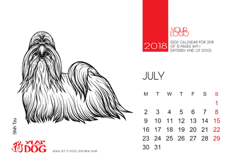 The desktop calendar page for 2018 with the image of a dog, a symbol of the Chinese horoscope for 2018. 2018 Chinese hieroglyph means dog. Vector illustrationのイラスト素材