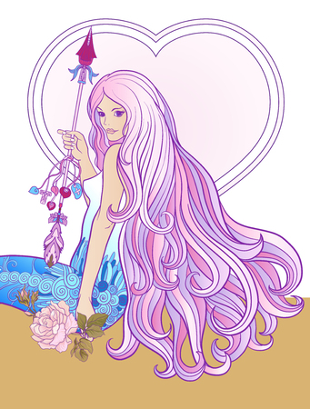 Young beautiful girl with long hair with arrow and roses.のイラスト素材