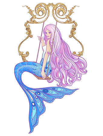 Hand drew mermaid with long pink hair. Stock vector illustrationのイラスト素材