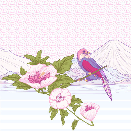 Flowers and bird and Mount Fuji. Seamless pattern, background. Colorful in pink and green colors. Stock vector.のイラスト素材