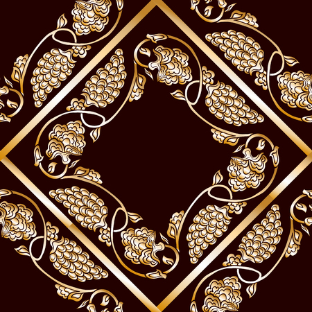 Seamless traditional chinese pattern with floral ornament in gold. Stock vector illustration.のイラスト素材
