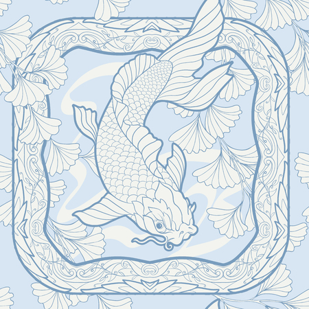 Seamless pattern, background with decorative flowers and carp fish in art nouveau style, vintage, old, retro style. Stock vector illustration.の写真素材