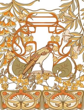 Poster, background with decorative flowers and bird in art nouveau style, vintage, old, retro style.のイラスト素材