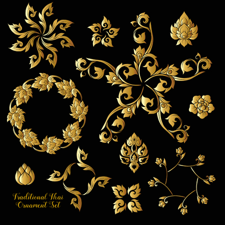 Set of gold decorative elements of traditional Thai ornament.のイラスト素材