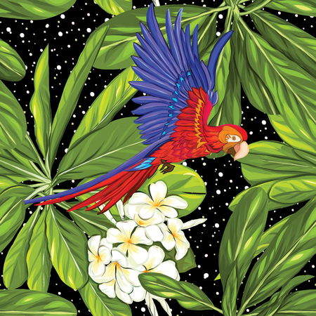 Seamless pattern, background with toucan and white plumeria on black background. Hand drawn colorful vector illustration without transparent and gradients.のイラスト素材