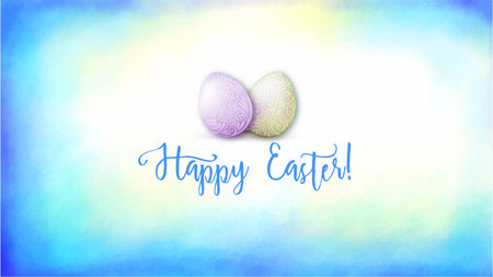 Greeting card decorated with Easter eggs and the inscription Happy Easter in soft ultra violet...