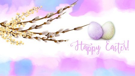 Greeting card decorated with Easter eggs and the inscription Happy Easter in soft ultra violet colors. Stock vector illustration on watercolor background.のイラスト素材