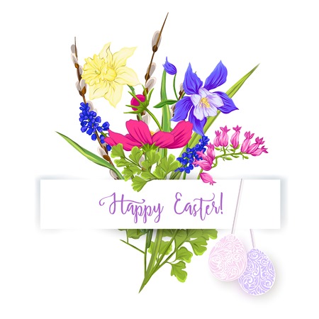 A bouquet of spring flowers, decorated with Easter eggs and the inscription Happy Easter Stock vector illustration Isolated on white background.のイラスト素材