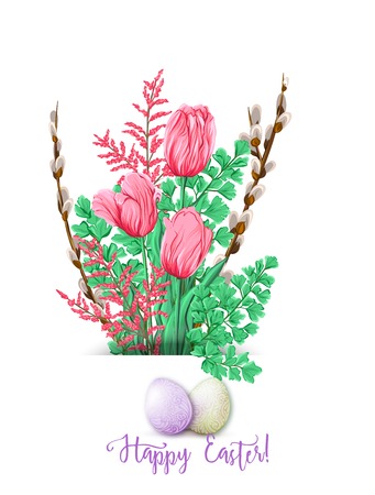 A bouquet of spring flowers, decorated with Easter eggs and the inscription Happy Easter Stock vector illustration Isolated on white background.のイラスト素材