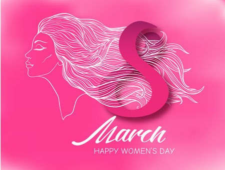 Portrait of a girl with long hair in a profile with the inscription 8 March  Womens Dayのイラスト素材