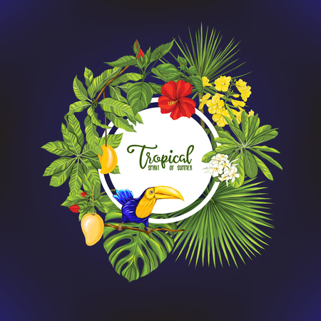 Template of poster, banner, postcard with tropical flowers and plants and birdのイラスト素材