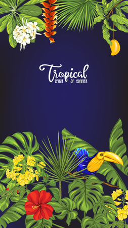 Template of poster, banner, postcard with tropical flowers and plants and birdのイラスト素材