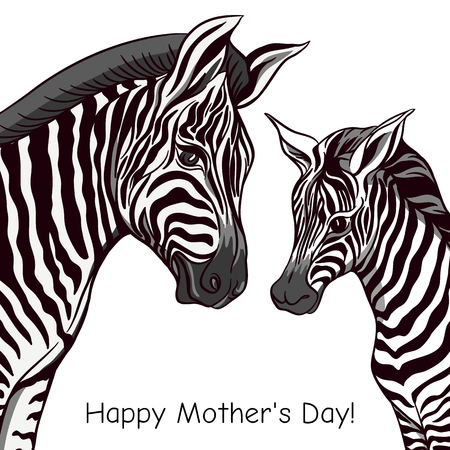 Background with zebra mother and her child. Good for greeting card for happy mother's Day, for birthday, invitation or banner for zoo or family party. Vector Illustration.のイラスト素材