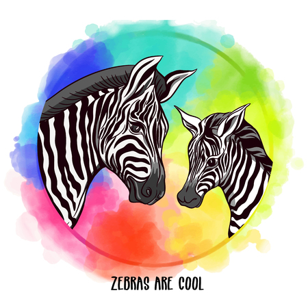 Background with zebra mother and her child on rainbow watercolor background. Good for greeting card for happy mother's Day, for birthday, banner for zoo or family party. Vector Illustration.のイラスト素材