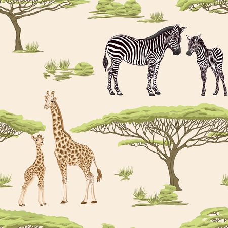 Seamless pattern, background  with adult zebra and giraffe  and zebra and giraffe cubs. Vector illustration.のイラスト素材