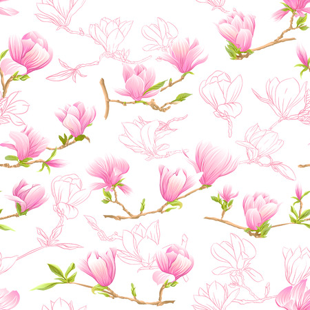 Seamless pattern with  pink magnolia flowers. Vector illustration.のイラスト素材