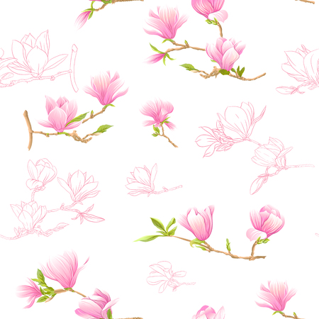 Seamless pattern with  pink magnolia flowers. Vector illustration.のイラスト素材
