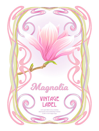 Frame, border in art nouveau style with sakura flowers on white background. Label for products or cosmetics. Vintage, old, retro style. Stock vector illustration.のイラスト素材