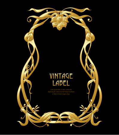 Frame, border in art nouveau style in gold color on black background. Label for products or cosmetics. Vintage, old, retro style. Stock vector illustration.のイラスト素材