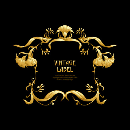 Frame, border in art nouveau style in gold color on black background. Label for products or cosmetics. Vintage, old, retro style. Stock vector illustration.のイラスト素材