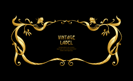 Frame, border in art nouveau style in gold color on black background. Label for products or cosmetics. Vintage, old, retro style. Stock vector illustration.のイラスト素材