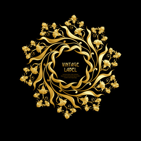 Frame, border in art nouveau style in gold color on black background. Label for products or cosmetics. Vintage, old, retro style. Stock vector illustration.のイラスト素材