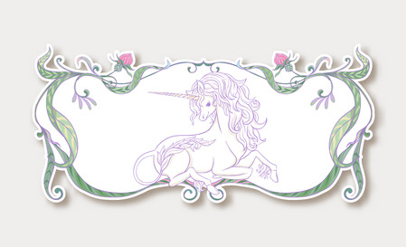 Sticker with cute unicorn with vintage frame and flowersのイラスト素材