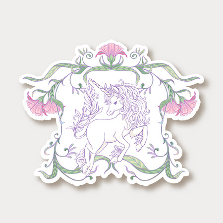 Sticker with cute unicorn with vintage frame and flowersのイラスト素材