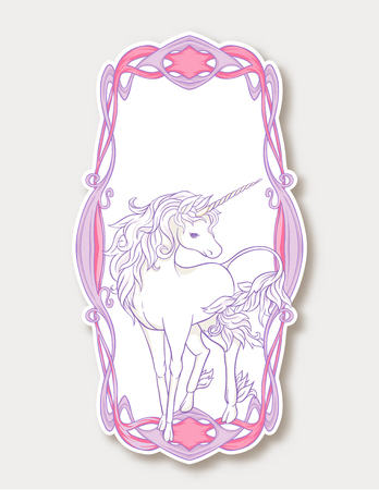 Sticker with cute unicorn with vintage frame and flowersのイラスト素材