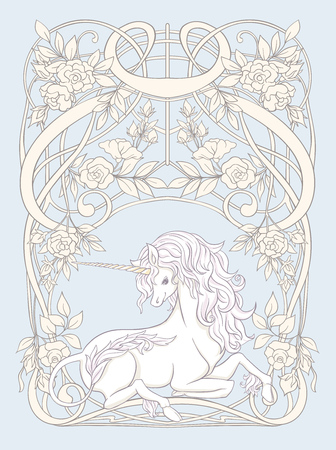 Unicorn and fantastic vintage flowers. Vector illustration.のイラスト素材
