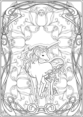 Unicorn and fantastic vintage flowers. Vector illustration. In art nouveau style, vintage, old, retro style. Outline hand drawing. Good for coloring page for the adult coloring book.のイラスト素材