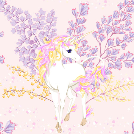 Seamless pattern, background with unicorn and vintage flowers. Vector illustration.のイラスト素材