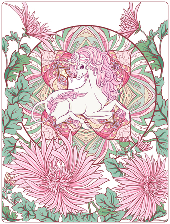 Unicorn and fantastic vintage flowers. Vector illustration.のイラスト素材